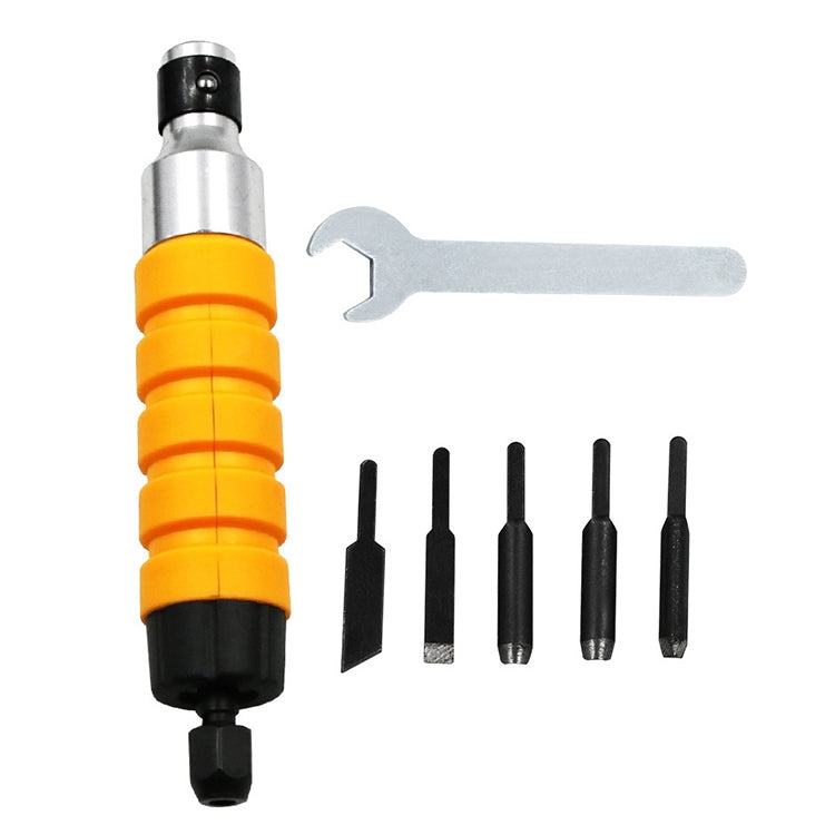 Electric wood carving knife with orange handle, wrench, and metal engraving bits set