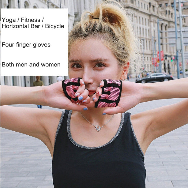 Half finger yoga gloves on hands, black knit with pink grip dots
