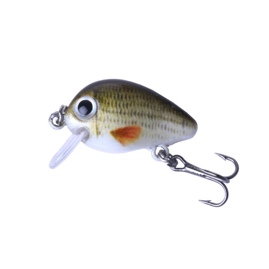 Single crankbait fishing lure, green patterned body with clear lip and treble hook