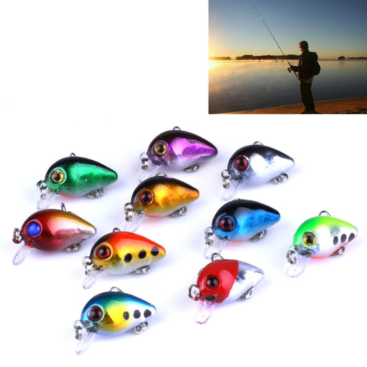 Set of 10 colorful crankbait fishing lures with clear lip and treble hooks