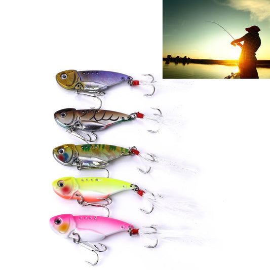 5-piece metal VIB fishing lure set with feather tails and metal hooks, assorted colors
