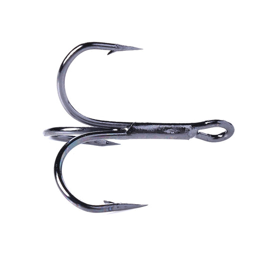 Side view of black treble fishing hook with three curved barbed points