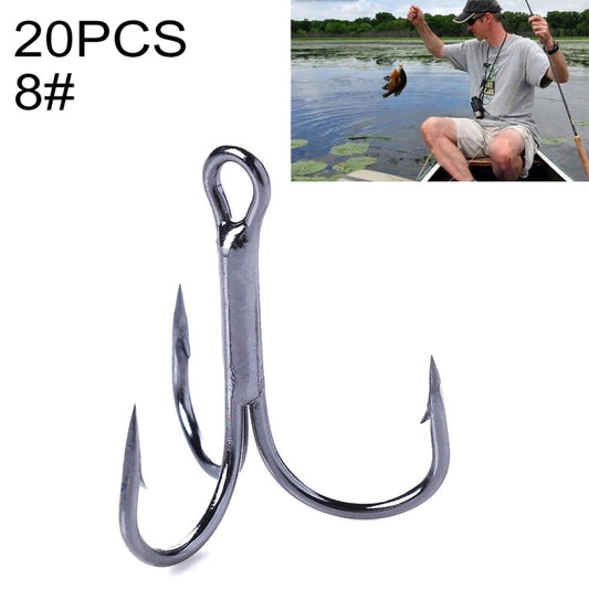 Black high-carbon steel treble fishing hook with three barbed points