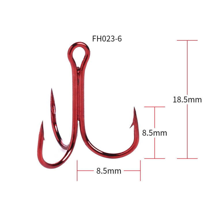 HENGJIA red FH023-6 treble hook with size labels: 8.5mm and 18.5mm