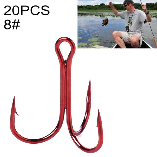 Red three-jaw treble fishing hooks, shiny high-carbon steel, 8# size