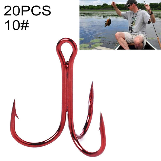 Red three-jaw treble fishing hooks, curved barbs, single hook close-up.