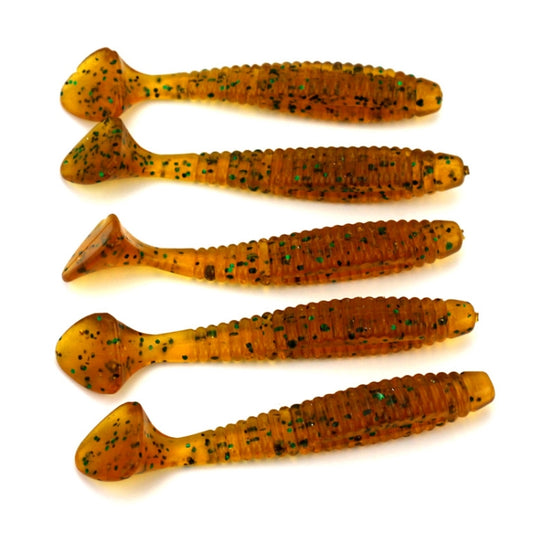 Set of five orange soft screw-tail fishing lures with speckled spots