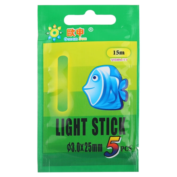OCEAN SUN luminous light stick package, green card showing 15m visibility and 5 pcs