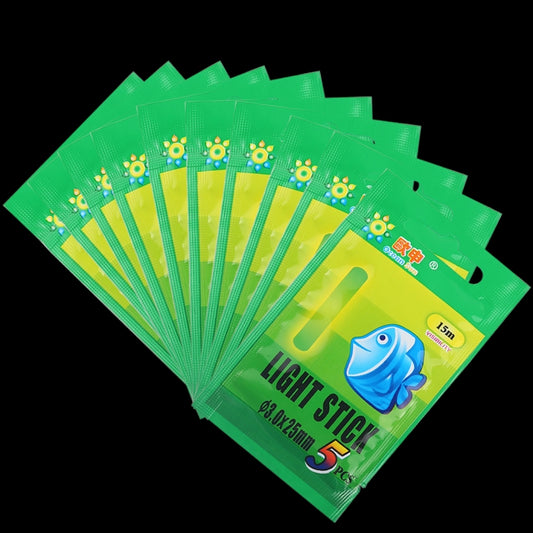 OCEAN SUN luminous fishing light stick 5-pack wrappers, green sachets with fish graphic