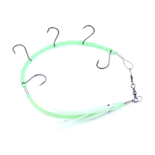 Luminous green fishing lure with 5 hooks and beaded wire leader