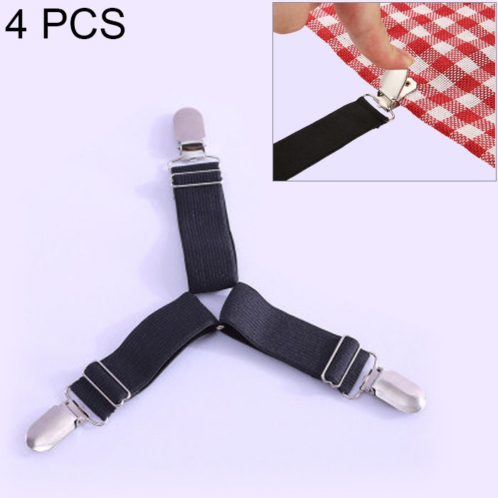 Black adjustable fabric strap clips with silver metal ends for securing bedspread or covers