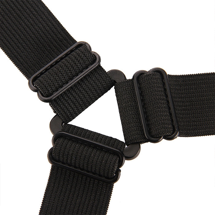Black fabric clip straps with metal loops and buckle details for securing fabric