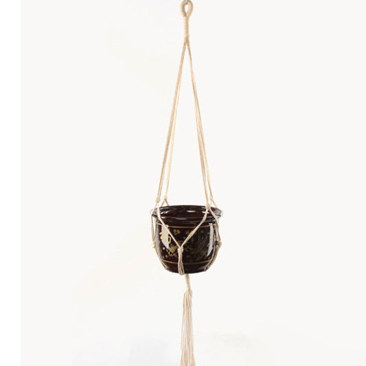 Macrame hanging plant pot holder with braided rope and a small dark planter