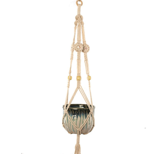 Macrame hanging planter with teal glass pot and braided rope hanger