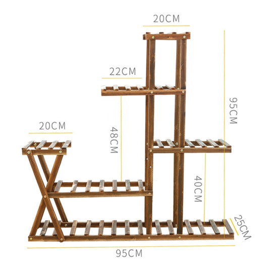 Wooden plant display rack with labeled dimensions diagram