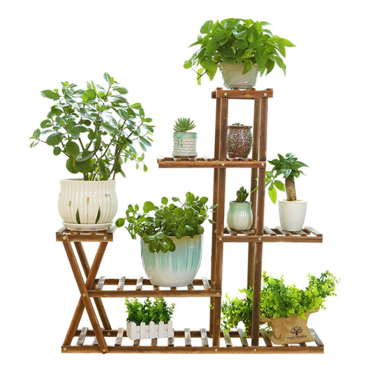 Wooden plant flower display stand with tiered shelves for potted plants, no wheels