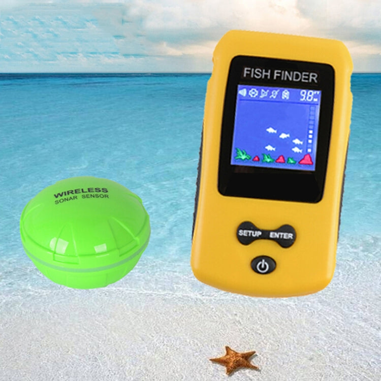 Yellow portable wireless fishfinder with color screen and green wireless sonar sensor