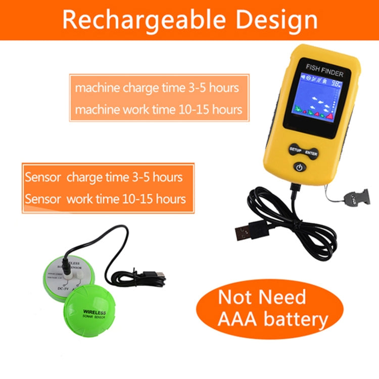 Yellow portable wireless fishfinder kit with color display, cable, and green sonar sensor