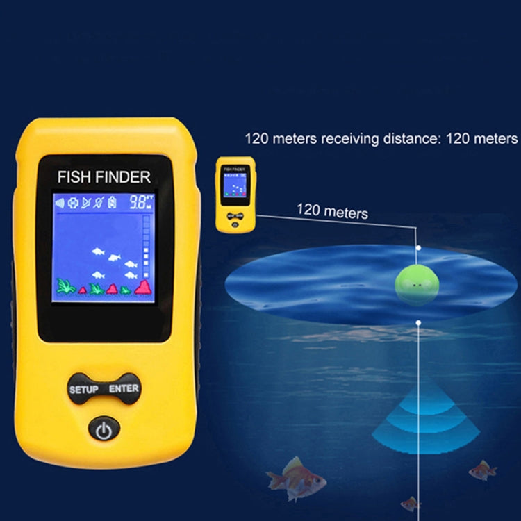 Yellow portable wireless fishfinder with color screen and green wireless sonar sensor