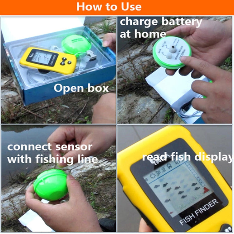 Yellow portable fishfinder and green sonar sensor shown charging at home