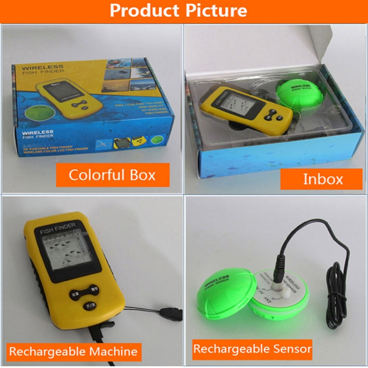 Wireless fishfinder kit with yellow handheld unit, green sonar sensor, and accessories