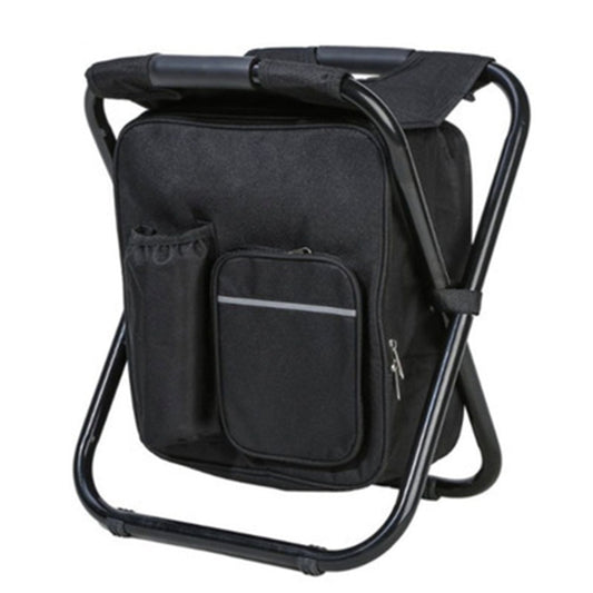 Black folding camping chair with padded back, front zip pocket, and drink/ice bag compartment