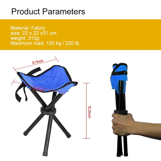 Foldable triangle camping stool with blue fabric seat, shown with size and load diagrams