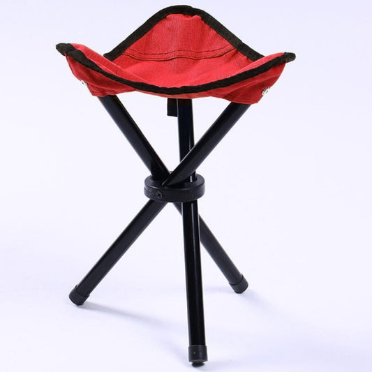 Red folding triangle camping stool chair with black steel legs and fabric seat