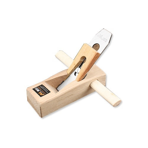 Wood hand plane with light wood body, metal blade, and side carry handle