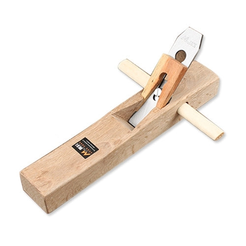 Wood hand plane with metal blade and wood handle, side view, 350mm length
