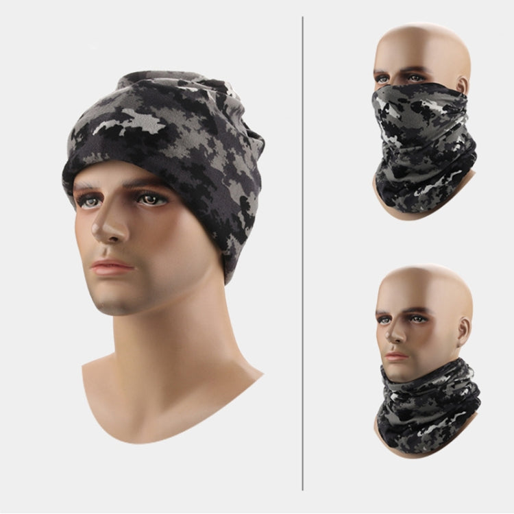 Black camouflage knit beanie with face-covering mask, covering mouth and chin
