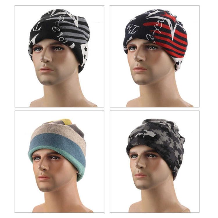 Four patterned knit beanies: star, stripe, solid, and camouflage