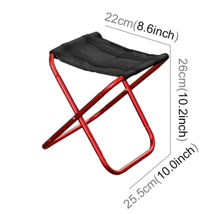 Portable folding stool with red metal frame and black fabric seat, compact size.