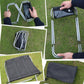Portable folding stool with black seat and silver frame, shown with storage bag.