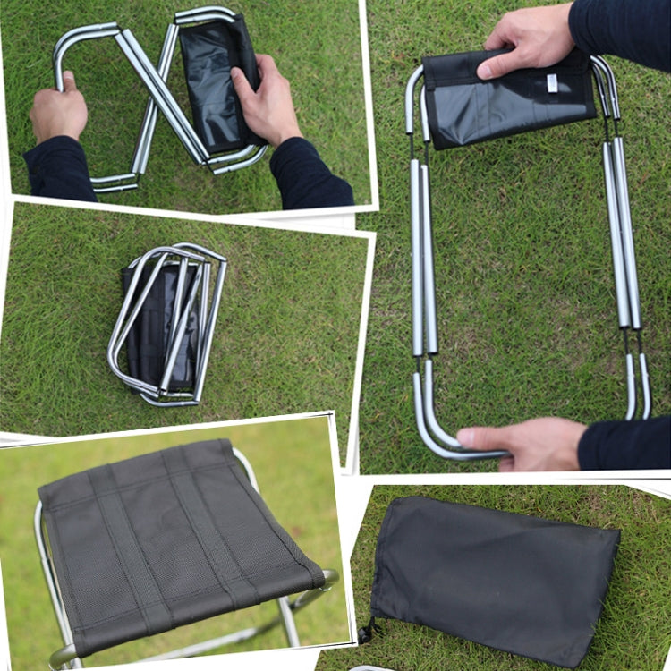 Portable folding stool with black seat and silver frame, shown with storage bag.