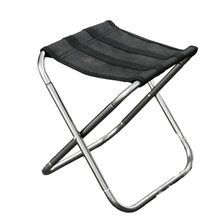 Portable folding stool with silver metal frame and black fabric seat.
