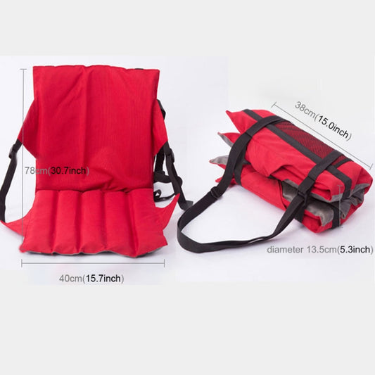Red folding stool seat with backrest, black straps and mesh front panel