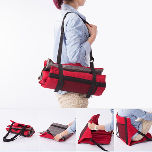 Red folding seat cushion with backrest, carried in black strap bag