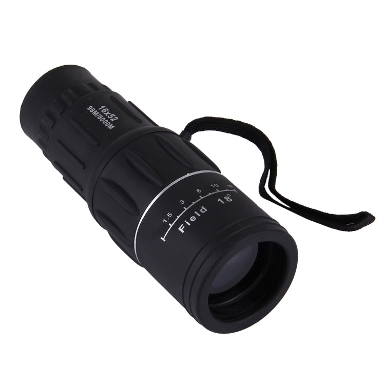 Black monocular telescope with neck strap and Field 18° scale on body