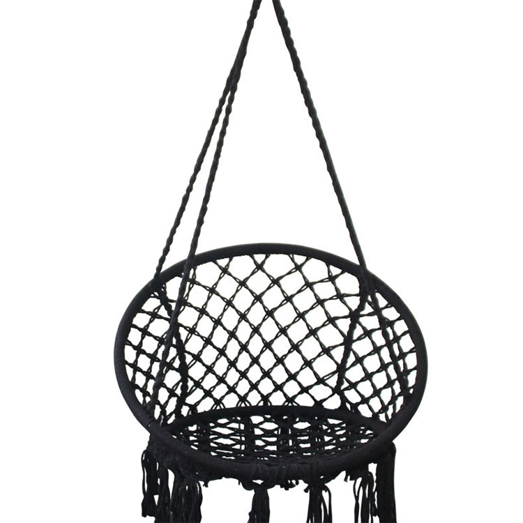 Black rope woven single hanging swing chair with round net seat and fringe base