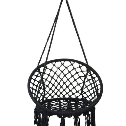 Black rope woven single hanging swing chair with round net seat and fringe base