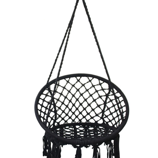 Black rope woven single hanging swing chair with round net seat and fringe base