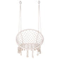White rope woven hanging swing chair with round net seat and hanging tassel fringe