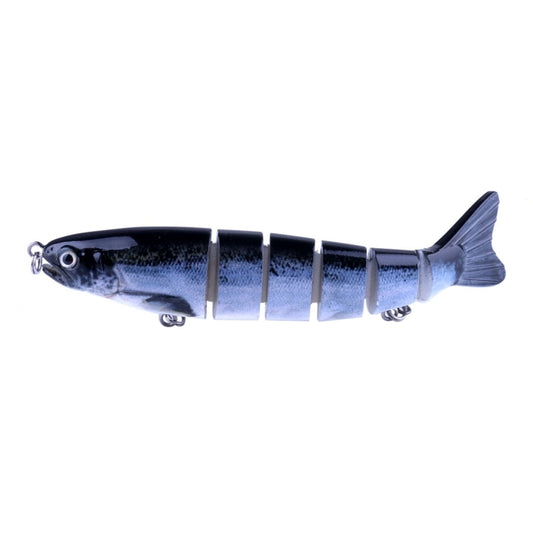 Multi-section hard plastic fishing lure with treble hooks, dark blue and silver striped body