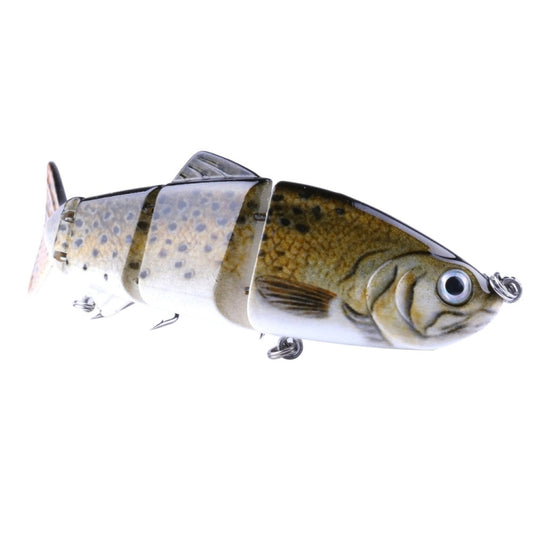 Multi-section hard plastic fishing lure with treble hook, speckled blue-gray and yellow body