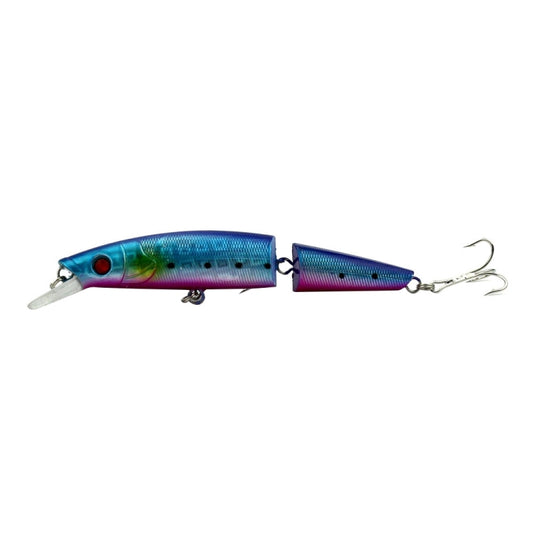 Plastic hard fishing lure, blue with rainbow accents, two treble hooks.