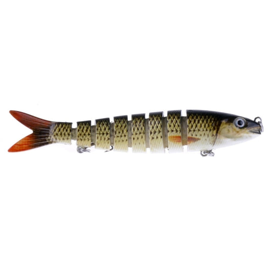 Multi-section hard plastic fishing lure, green and gold with treble hooks