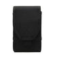 Black fabric pocket wallet with front flap, buckle tab detail, and compact vertical shape