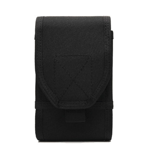 Black fabric pocket wallet with front flap, buckle tab detail, and compact vertical shape