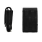 Black pocket wallet with side straps and snap closure, front and back views
